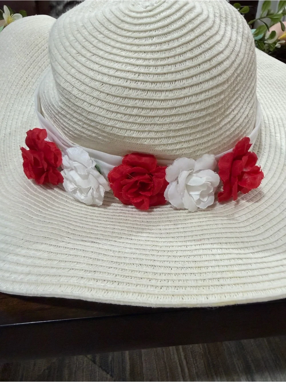 Disney Cream Sun Hat with Red & White Floral Trim